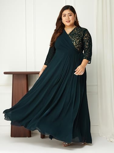 Image of Miss Chase A+ Women's Floral Printed Relaxed Fit V -Neck 3 /4Th Sleeve Georgette Maxi Dress