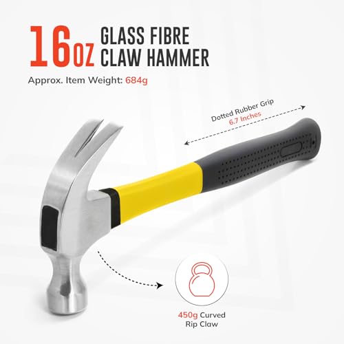 ZAVIA Claw Hammer 16oz Carbon Steel Nail Remover and Nail Puller | 450g Curved Claw Hammers for Carpenters & Electricians Framing Hammer with Non-Slip Rubber Grip | Solid Fiberglass Shaft 2 ZAVIA Claw Hammer 16oz Carbon Steel Nail Remover and Nail Puller | 450g Curved Claw Hammers for Carpenters & Electricians Framing Hammer with Non-Slip Rubber Grip | Solid Fiberglass Shaft - Image 2