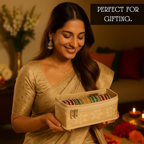 Image of PVC Single-Rod Floral Bangle Organizer Box for Women | Jewellery Bangle Storage Case for Chudi, Kada & Accessories, Bangle Holder Pouch | Beige | Pack of 2