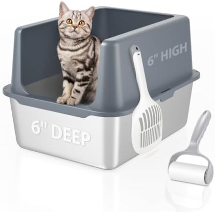 Katzenklo Edelstahl mit Deckel, katzentoilette, 30 cm katzenklo hohem Rand | katzenklo offene, extra große Katzentoilette mit grauem Deckel, Leichtes Reinigen