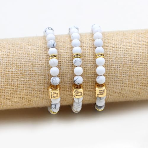 Image of Inlaid Zircon 12 Constellation Adjustable Stretch Bracelet - 6mm Frosted White Turquoise Beaded Bracelets for Women Men SJYA4647