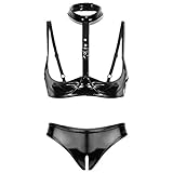 Kaerm Damen Wetlook Ouvert Dessous Set Lack Leder Hebe BH Offene Brüste Cups Push Up High Cut Thong Bikini Hose String Sexy Offen Reizwäsche Schwarz B M