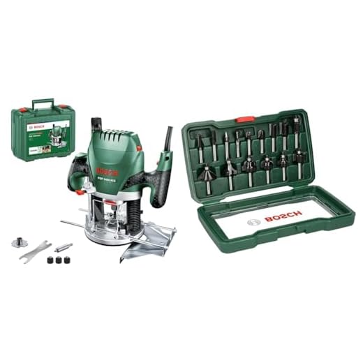 Bosch POF 1400 ACE - Fresadora de superficie (1.400 W, en maletín) + Bosch 2607019469 - Pack de 15 fresas con inserción de 8 mm