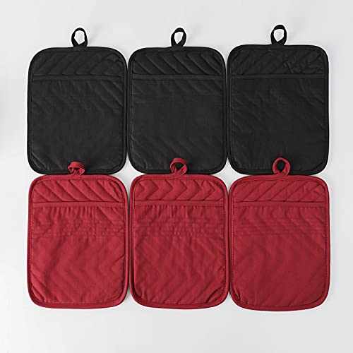 Glynniss Pot Holders For Kitchen Heat Resistant 6 Pack, 7X9 Inches Cotton Pocket Pot Holders, Non Slip Oven Mitts For Baking, Cooking (Black And Red) #TOP6