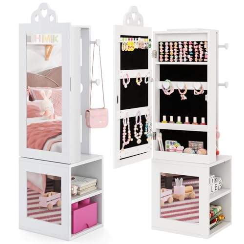COSTWAY Armario de Joyería para Niñas, Armario para Joyas Infantil de Pie 3 en 1 con Espejo y Perchero, Espejo Joyero para Niñas con Ganchos y Estantes Traseros (Blanco)