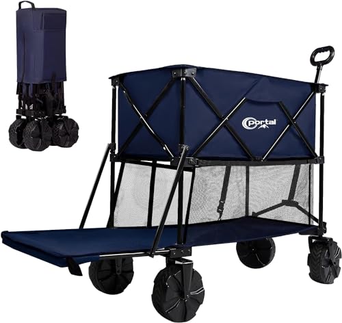 Portal 325L Double Decker Beach Festival Trolley with All-Terrain Big Wheels Camping Folding Wagon Large Pull along Cart Foldable Hand Truck Trailer Collapsible Buggy for Picnic, Garden, Events