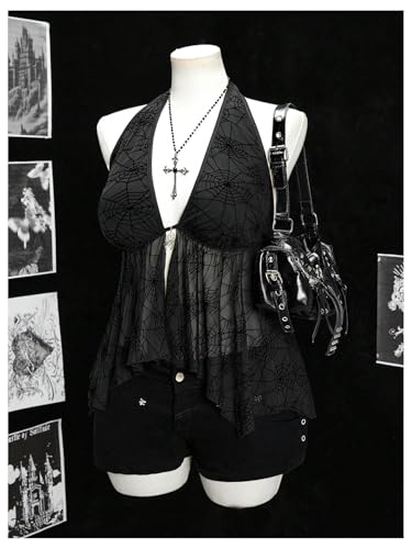 Verdusa Women's Plus Size Goth Spiderweb Mesh Sheer Halter Top Rave Club Slit Backless Peplum Tops4