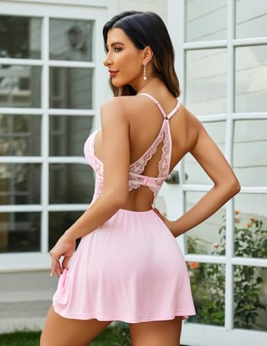 Image of Avidlove Sexy Modal V Neck Lace Babydoll Lingerie Dress Set with Thong 2 Piece