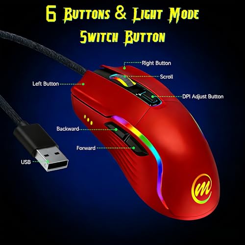 Image of memzuoix Wired Gaming Mouse with RGB - 6 Adjustable DPI up to 12800, 6 Buttons, 12 Lighting Modes, Ergonomic Design with Anti-Slip Rubber Wheel, 5.6ft Braided Cable for PC /Mac /Windows - Red
