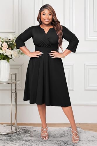 Runwind Women’s Plus Size Midi Dress 3/4 Sleeve Fit and Flare Cocktail Dresses Casusl V-Neck Dress with Pockets2