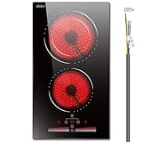 Hobsir hob 2 Burners Electric Cooktop, 12 inch Electric Stove Top Burner, Built-in Drop-in Ceramic Cooktop with Sliding Control, Timer, Safety Lock, 9 Power Levels 3200W, 220V-240V Hard Wire (No Plug)