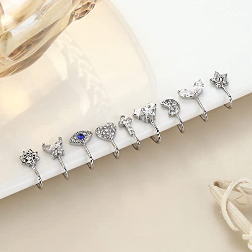 Zzhdcc 9Pcs Multi-Style Adjustable Fake Nose Rings For Women Fake Nose Cuffs For Non Pierced Nose Heart Flower Butterfly Faux Body Piercing Jewelry Moon Star Clip On Nose Ring Silver (Silver-Moon) #TOP4