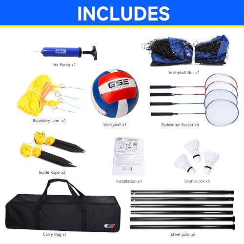 GSE Games & Sports Expert Outdoor Badminton and Volleyball Combo Set, Yard Net Game Set with 4 Badminton Rackets, 3 Shuttlecocks, Volleyball and Carry Bag for Backyard, Beach, Lawn and Park by GSE Games & Sports Expert - Image 3