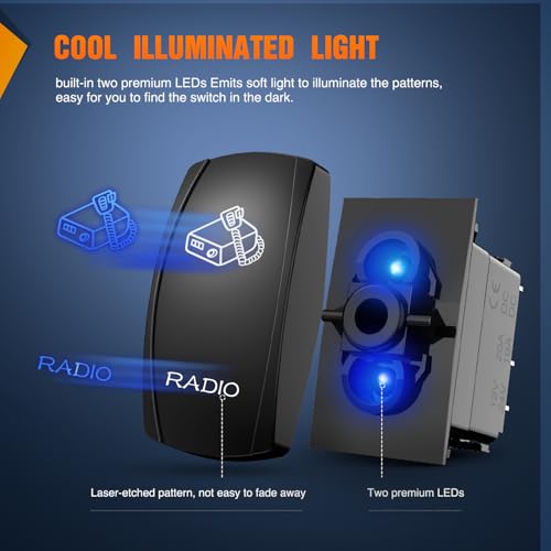 Image of Nilight Radio Rocker Switch Led Light Bar 5 Pin Laser On Off | SPST Switches 20A /12V 10A /24V Blue with Jumper Wires Set for Cars Trucks Boats ATVs UTVs RVs