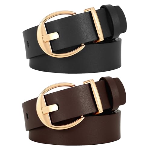 Image of SUOSDEY 2 Pack Fashion Womens Leather Belts Black Brown Ladies Belt with Gold Buckle for Jeans Pants Dresses, B-black+coffee, fits waist from 30 inch-33 inch