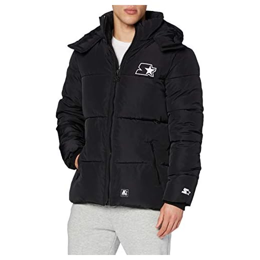 STARTER BLACK LABEL Herr vinterjacka med logotyp broderi, hög krage, vikjacka med falskt dun, svart, storlek S till XXL, svart, L