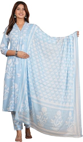 Image of Yash Gallery Women's Cotton Calf Length V-Neck Botanical Print Regular Fitted Anarkali Kurta With Pant & Dupatta