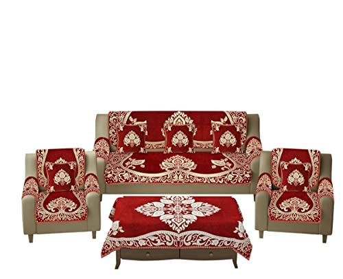 Image of Sofa Seater Slip Covers with Arm and Cushion and Table Cover - 3+2 Seater Velvet Sofa Cover Set for Single Sofa Couch - 5 Seater Sofa Seat Protector Slip and Back Covers, 2701 Maroon
