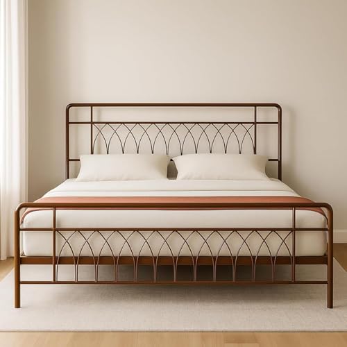 Image of Jexx Metal King Size Bed Without Storage | Wrought Iron Double Bed with Headboard & Footboard | Sturdy Powder Coated Platform Bed King Size Cot for Bedroom Living Room Brown (75x72)
