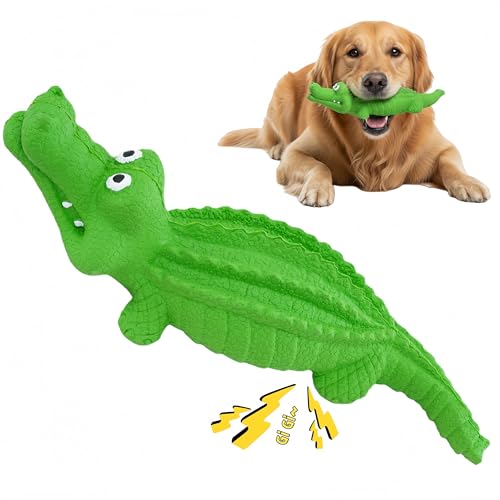 PETKN Squeaky Dog Toys for Aggressive Chewers Dog Chew Toys for Medium and Large Dogs Tough Alligator Natural Rubber Dog Teething Chew Toy