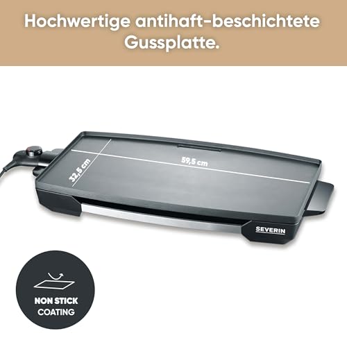 SEVERIN Tischgrill für Fleisch, Fisch und Gemüse, XXL Teppan Yaki Platte mit Antihaftbeschichtung, Elektrogrill mit Fettauffangschale und Temperaturregler, schwarz, KG 2397