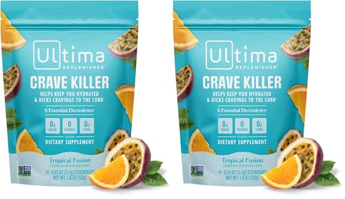 Image of Ultima Replenisher Crave Killer Supplement and Electrolytes Powder - Tropical Fusion, 14 Stickpacks - Hydration Packets that Kick Cravings to The Curb (Pack of 2)