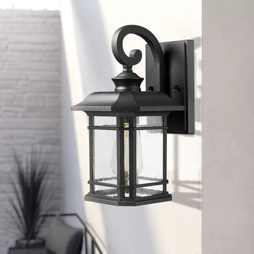 Emliviar Outdoor Wall Lanterns 2 Pack, 1-Light Exterior Wall Mount Light, Black Finish with Clear Seedy Glass, 2084B-2BK