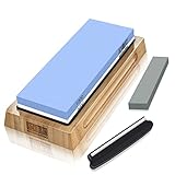 HOSHANHO Schleifstein Messer [Verbreitert Größe], Körnung 1000/6000 Abziehstein Wetzstein Professionell 2-IN-1 Doppelseitiger mit Abrichtstein und Winkelführung, Blau/Weiß