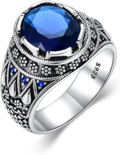 Bagues en pierre précieuse， Bague en saphir synthétique for homme, bague en argent sterling 925 avec pierre précieuse ovale for homme, bague en saphir...