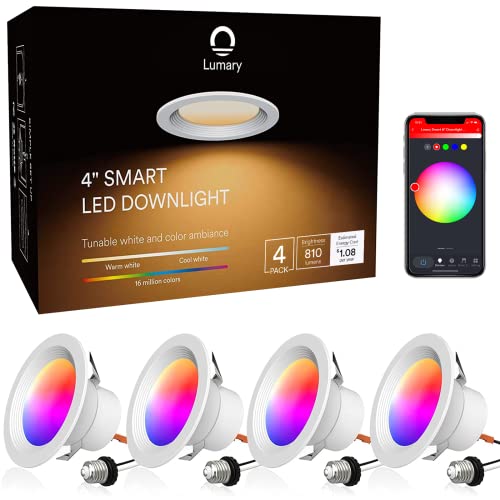 iLintek Smart Can Lights 4 Inch LED, WiFi Recessed Lights 9W 810LM Color Changing Recessed Lighting, Metal Baffle TrimDownlights Work with Alexa/Google Assistant/Siri 4 Pcs