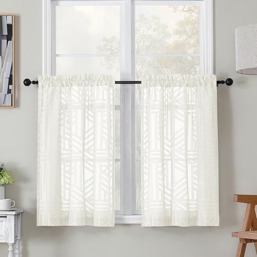 Simplebrand Semi Sheer Ivory Curtains 36 Inch Length 2 Panels, Geometric Jacquard Clip Textured Short Sheer Curtains for Bedroom?Modern Elegant Window Curtains Panels/Drapes/Treatment, 28x36 inch