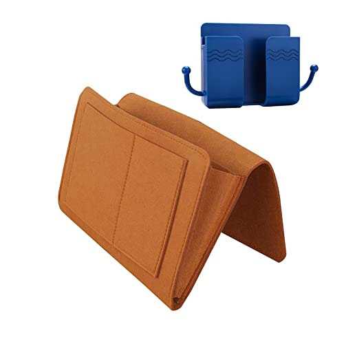 DAOK Bedside Organiser, Felt Bedside Storage Pocket, Hanging Bedside Storage Caddy with 5 Pockets and 2 Cable Holes, Felt Storage Bag for Organizing Magazine Phone Small Things Bed Sofa Holder Cover