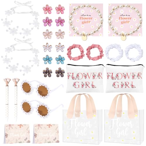 30Pcs Flower Girl Proposal Gift Set Will You Be My Flower Girl Gift Including Bags Sunglasses Makeup Bag Headband Bracelet Diamond Pen Hair Accessories Card for Wedding Engagement Bridal Shower Party