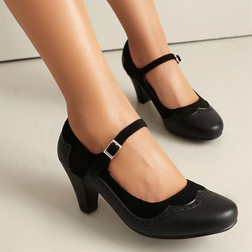 Image of Elerhythm Women's Mary Jane Classic and Retro 1920s Pump Heels Gatsby Oxford Pattern 1950s Pinup Vintage Round Closed Toe 1940s Ankle Strap Dress Shoes