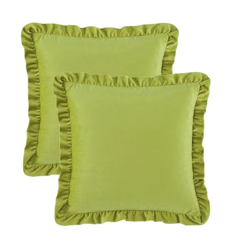 Image of Velvet Green 16x16 Pillow Covers, Set of 2 Decorative Ruffle Cushoin Pillow Covers for Sofa Couch