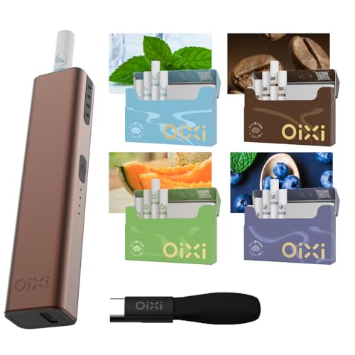 (モカ)Oixi 加熱式タバコHNB スターターキット 【本体(USBケーブル付き)+フレーバー4種 (各20本)】 ニコチン0 アイコス HNB互換機 15秒予熱 軽量 温度調節 自動清掃 バイブレーション機能 電子タバコ (ILUMAは除外)