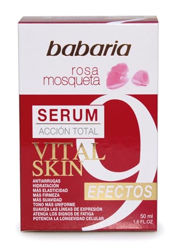 Babaria - Sérum Facial Acción Total Vital Skin con Rosa Mosqueta, 9 Efectos Antiarrugas, Hidratación, Elasticidad y Firmeza, Unisex, Vegano - 50 ml