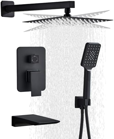 Annazom Matte Black Rain Shower System - 8" Square Shower Head & Handheld Combo, High Pressure, Wall Mount Luxury Faucet Kit