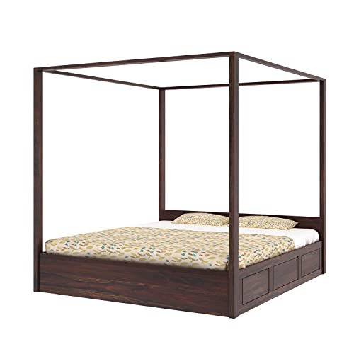 Image of Solid Sheesham Wood Queen Size Poster Bed Hydraulic Storage for Bed Room Living Room Home Wooden Double Bed Palang Solid Wood Bedroom Furniture for Hotel (Walnut Finish)