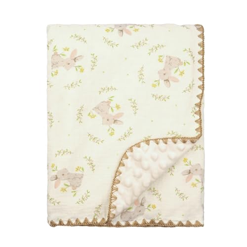 Image of Baby Blanket 40x40 Inches,Muslin Cotton and Minky Dotted Double Layer Soft Receiving Blanket for Newborn Toddler,Meadow Bunny