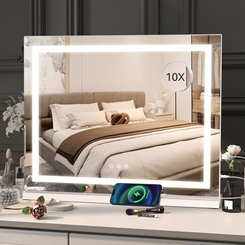 YOURLITE Miroir Maquillage Lumineux 80x60cm, Miroir LED Hollywood, 3 températures de Couleur, Touche Tactile, Port de Chargement USB, Loupe 10x, Installation...