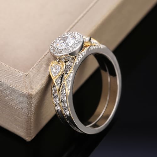 Vintage Two-Tone Statement Rings Set for Women, Classic Pear Round Cut Moissanite Wedding Bands 925 Sterling Silver Plated Travel CZ Engagement Bridal Promise Rings Sets for Her Size 9#3