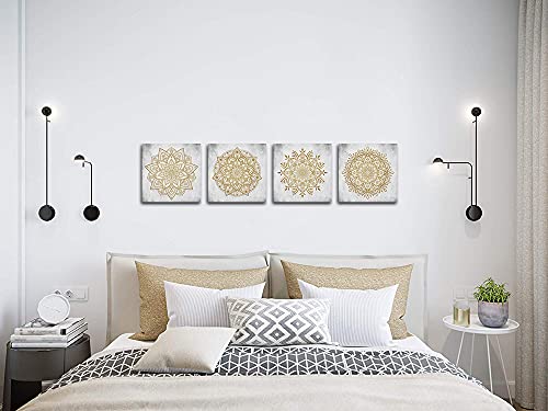 Homeoart Boho Mandala Flower Art Print Bathroom Wall Decor Boho Floral Painting Canvas Prints Framed Artwork Bedroom Living Room Office Decor 12 X 12 Inch X 4 Panels, Gold And Grey #TOP2