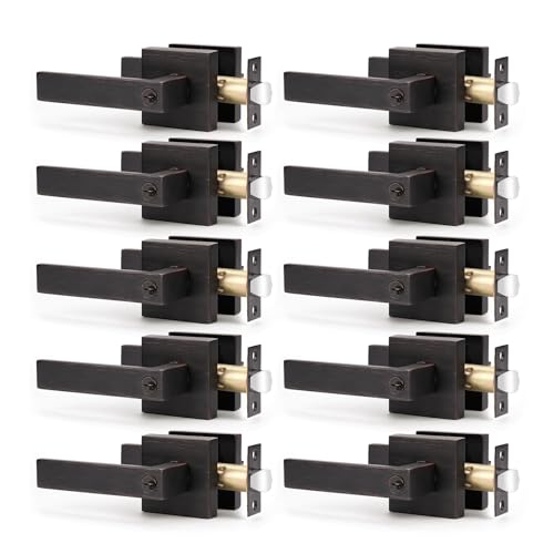 KNOBWELL 10 Pack Door Knob with Lock and Key, Heavy Duty Bronze Door Handle Keyed Entry Door Leveret, Modern Door Handle with Key(Different Keys)