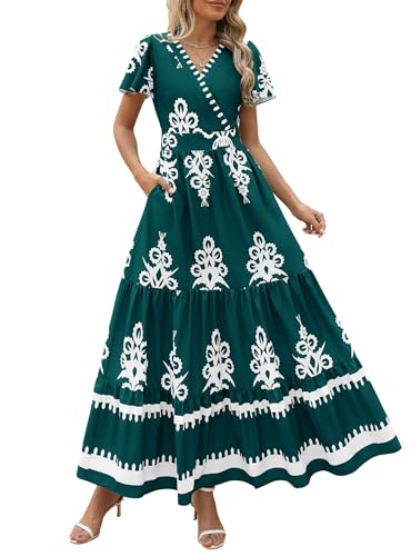 Image of PRETTYGARDEN Womens 2026 Summer Casual V Neck Boho Maxi Dress Flowy Aline Bell Sleeve Tiered Floral Dresses with Pocket