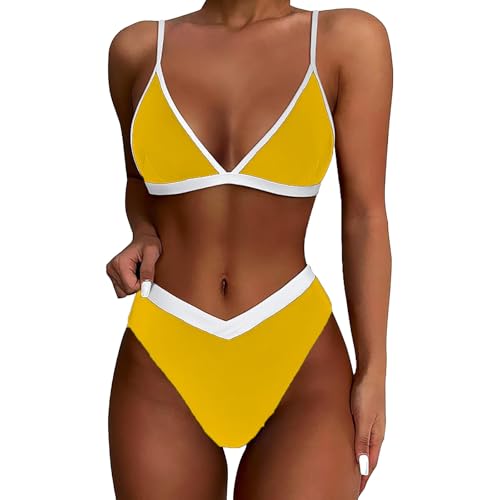 Generico Bikini de mujer de talla fuerte, conjunto caliente estampado floral triángulo mujer dos piezas Tankini bikini acolchado sujetador cuello en V traje escote profundo con tul curvy Beachwear,