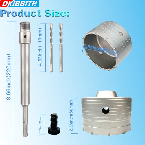 Image of 3-1 /2 inch Concrete Hole Saw, 90mm Tungsten Steel Core Bit for Cinder Block, Brick, Rock, Plank Walls for Pipes or mini Split Lines, with SDS Plus Shank and 2 Center Positioning Drill Bits.
