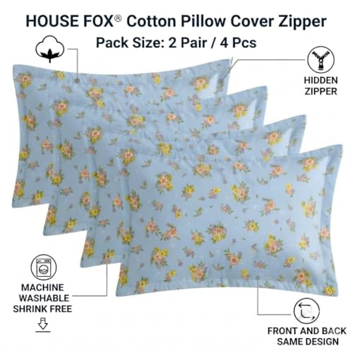 Image of HOUSE FOX Zipper Cotton Pillow Covers /Cases /Protectors (NOT Pillow) Set of 2 Pair Or 4 Pcs,Size -18x28inch with Zip /Chain (Light Blue, Standard)