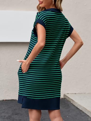 Image of Wenrine Womens Striped Mini Dress Casual Zipper Cap Sleeve Collared V Neck Loose Knit Summer Dresses