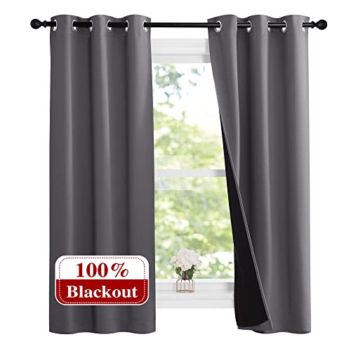 NICETOWN 100% Blackout Short Curtains with Black Liners, Solid Thermal